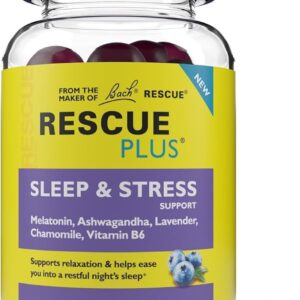 Bach RESCUE PLUS Sleep & Stress Support Gummies, Nighttime Dietary Supplement with 1mg Melatonin, Ashwagandha, Chamomile, Lavender & Vitamin B6, Natural Blueberry Flavor, Vegan & Gluten-Free, 60 Count