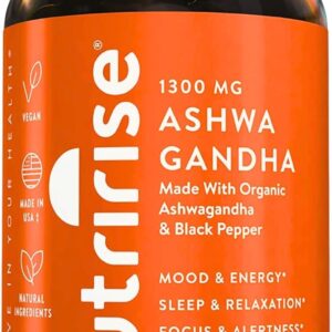 NutriRise Organic Ashwagandha Root Capsules with Black Pepper, 1300mg, Natural Stress & Mood, Thyroid, and Immune Support Supplement, Clarity, Focus & Energy, Gluten Free, 120 Count