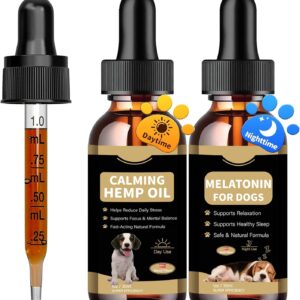 Hemp Oil & Melatonin for Dogs, Day & Night Calming Drops Support Set, Helps with Anxiety, Stress, Aggression, Separation, Relaxation & Sleep Aid