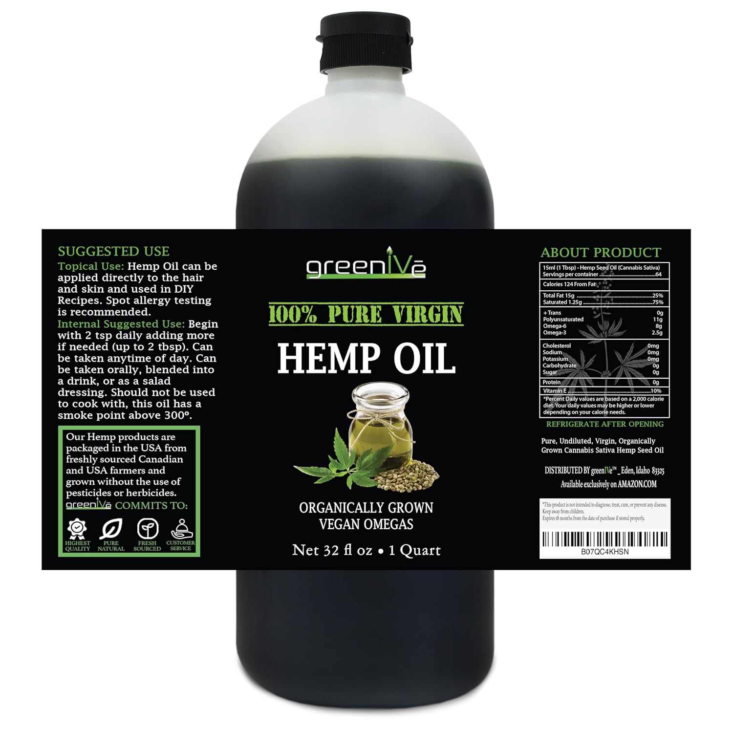 GreenIVe Hemp Oil, 32oz Bottle (946mL), Natural Hemp Seed Oil, Cold-Pressed, Vegan, Non-GMO, Bottled in USA - Image 2