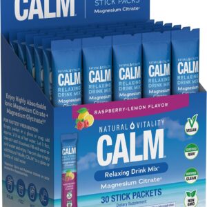 Natural Vitality Calm, Magnesium Citrate Supplement, Anti-Stress Drink Mix Powder - Gluten Free, Vegan, & Non-GMO, Raspberry Lemon, 0.12 oz, 30 Packets