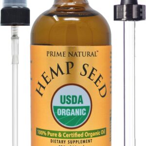 Prime Natural Organic Hemp Seed Oil 4oz - USDA Certified - Sativa Oil - Pure, Cold Pressed, Virgin, Unrefined, Vegan, Food Grade - High Omega 3 6 9 Fatty Acids - Good for Face, Body, Skin & Hair Care