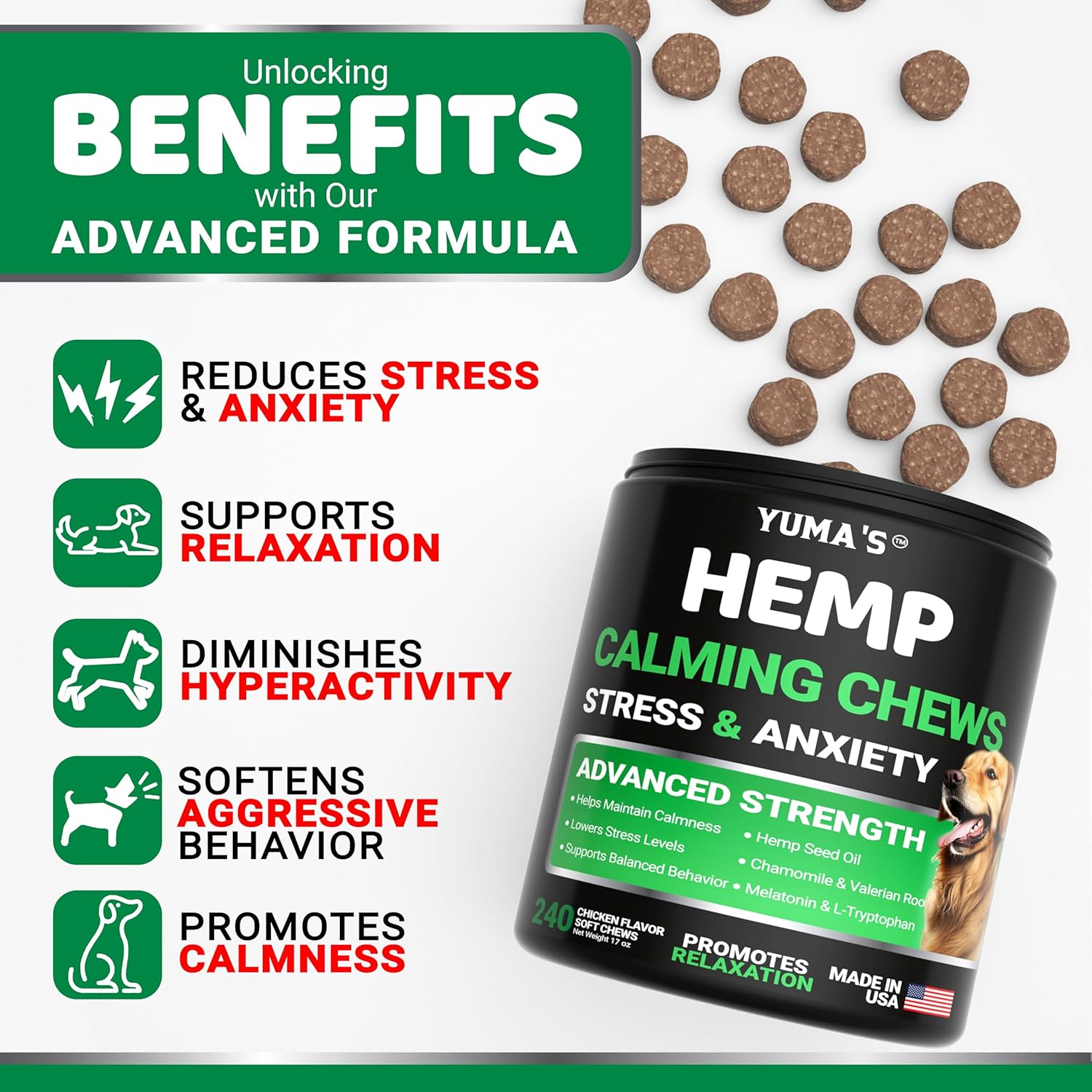 Hemp Calming Chews for Dogs - 240 Treats - Advanced Dog Calming Chews - Anxiety Relief Supplement Treats with Melatonin - Sleep Aid for Separation, Barking, Stress, Hip and Joint Support Made in USA - Image 3