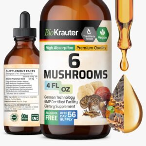BIO KRAUTER 6 Mushrooms Supplement 6-in-1 - Lions Mane, Shiitake,Turkey Tail, Cordyceps, Reishi & Chaga Liquid Extract - Mushroom Complex Tincture - Vegan Drops 4 Fl.Oz.
