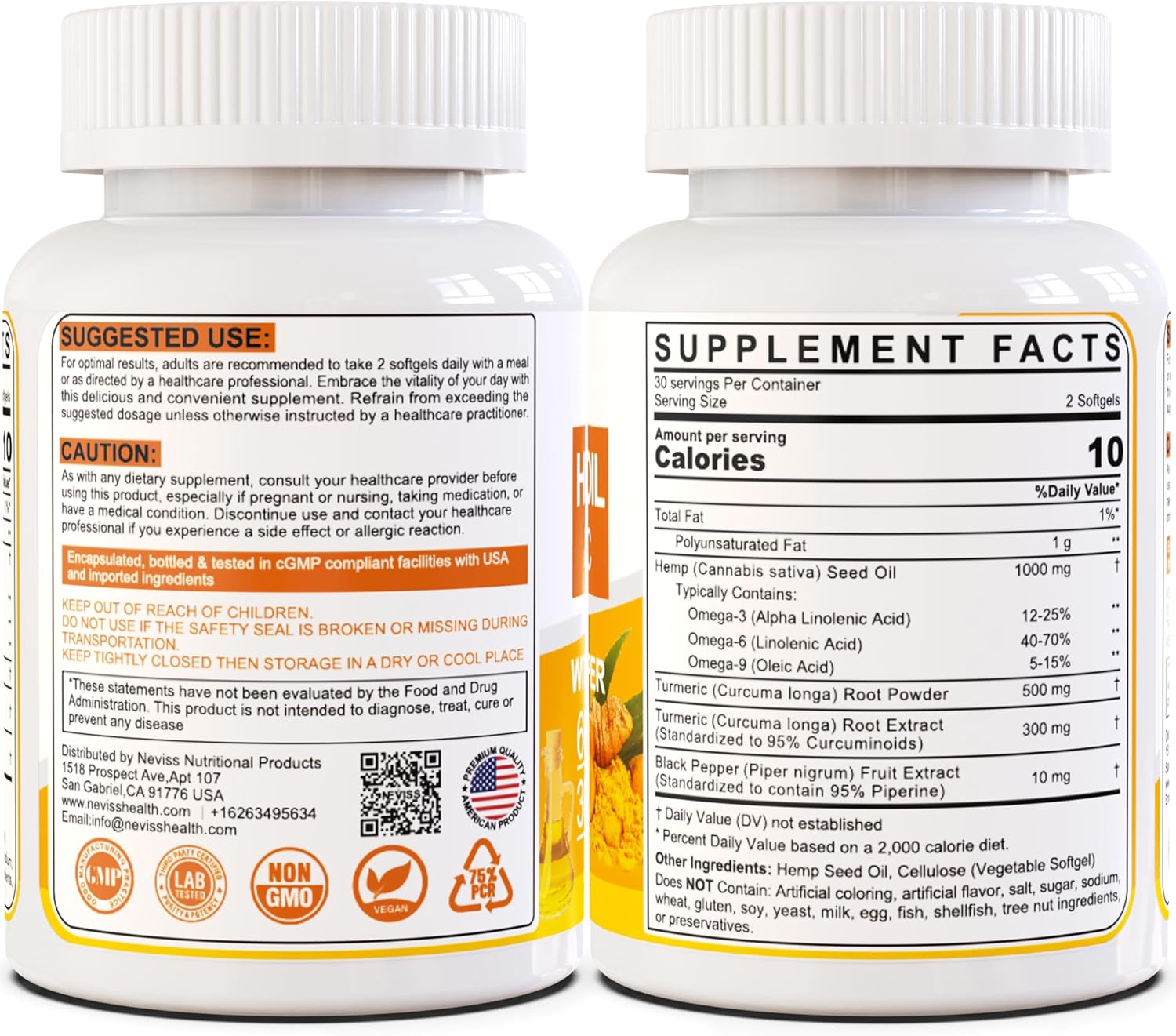 2 Pack Hēmp Oil Capsules with Turmeric - Organic Hēmp Seed Oil Pills with Turmeric Curcumin, Black Pepper - Vegan Omega 3 & 6 Supplement - Extra Strength & Absorption - 120 Softgels - Image 8