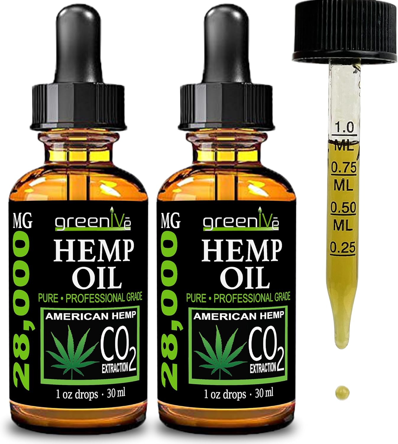GreenIVe Hemp Oil Drops 28,000mg – Naturally Grown, Vegan, Rich in Omegas – Premium Hemp Oil Dropper – Non-GMO, Made in USA – 30mL (2 Pack)