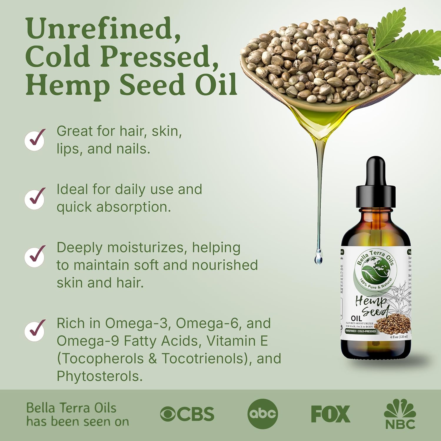 Bella Terra Oils - Hemp Seed Oil 8 oz - Cold-Pressed & Nutrient-Rich, Infused with Phytosterols, Potassium & Calcium for Skin & Hair Care - Image 3