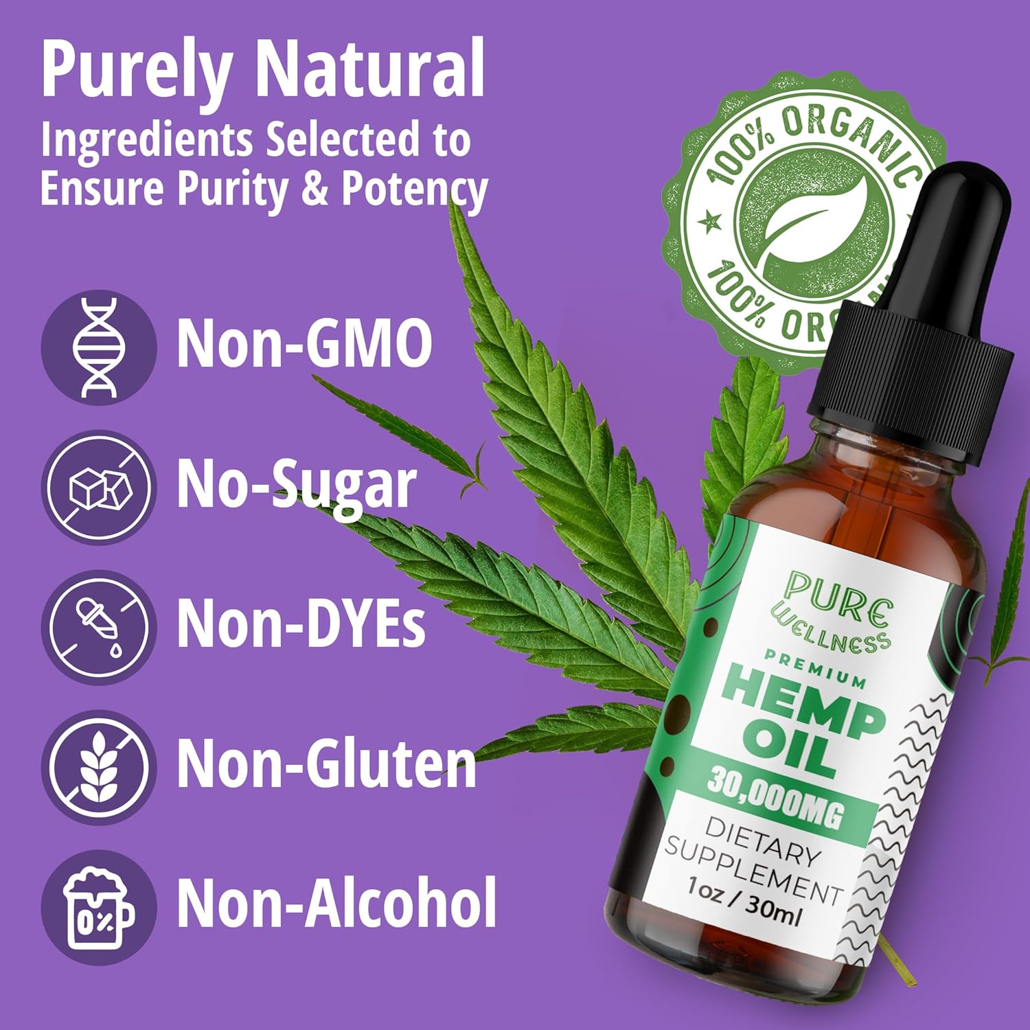 Pure Wellness Hemp Seed Oil Drops, Omega 3 6 9 Fatty Acids, Organic, Non-GMO, Vegan (Natural Hemp, 4-Pack) - Image 4