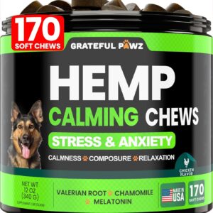Grateful Pawz Hemp Calming Chews for Dogs - Dog Calming Chews - 170 Anxiety Relief Treats with Hemp Oil - Sleep Aid - Advanced Health Joint Support Supplement - Health & Wellness