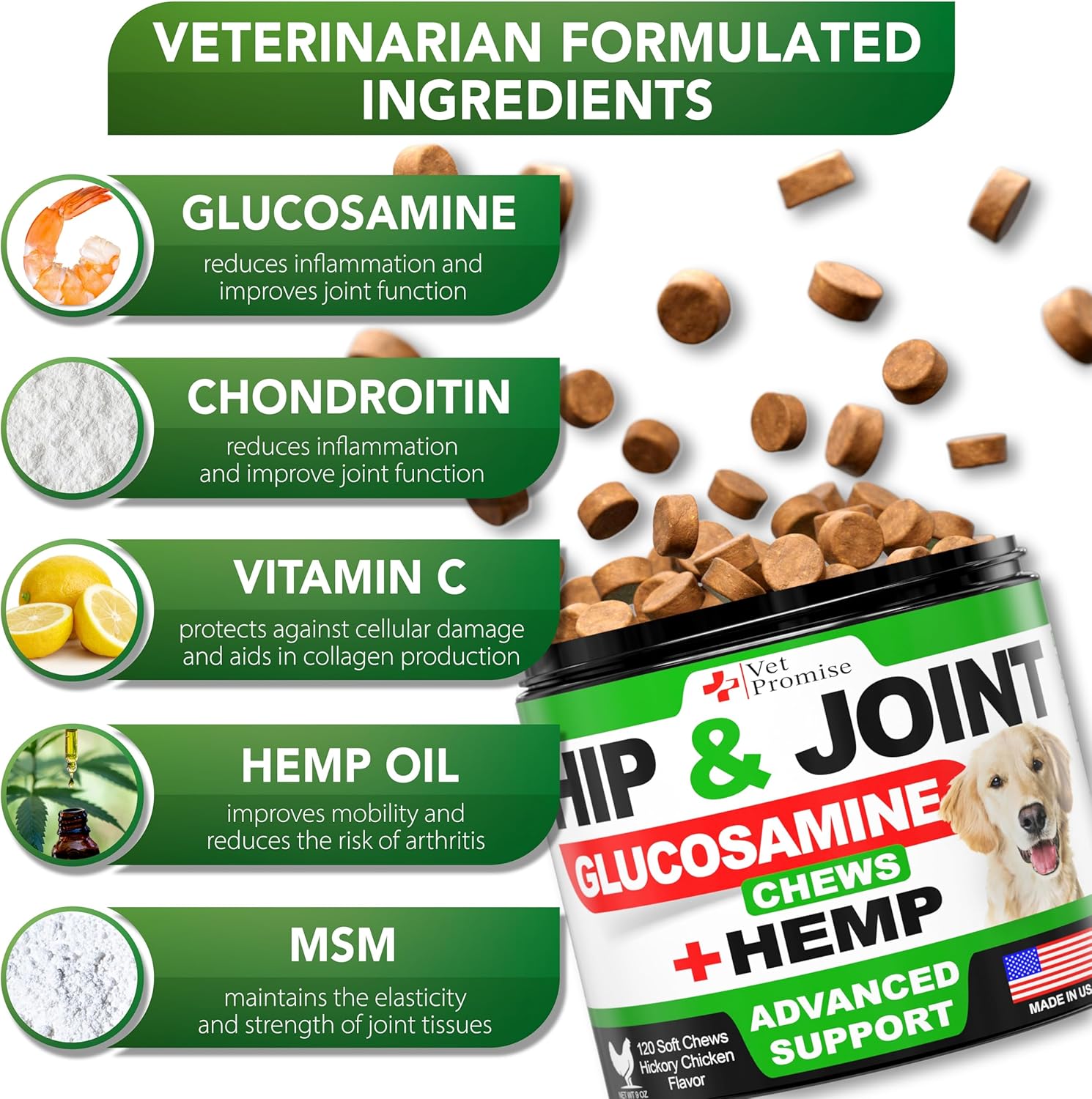 Vet Promise Hemp Hip and Joint Support Supplement for Dogs - Glucosamine for Dogs - Hemp Oil, MSM, Chondroitin - Support for Joint Pain Relief and Health - 120 Soft Chews - Made in USA - Image 3