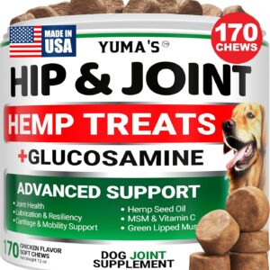 YUMA'S Hemp Hip and Joint Supplement for Dogs - Glucosamine for Dogs - 170 Joint Pain Relief Chews - Chondroitin, MSM - Hemp Oil - Advanced Canine Health Supplement - Mobility Support Treats