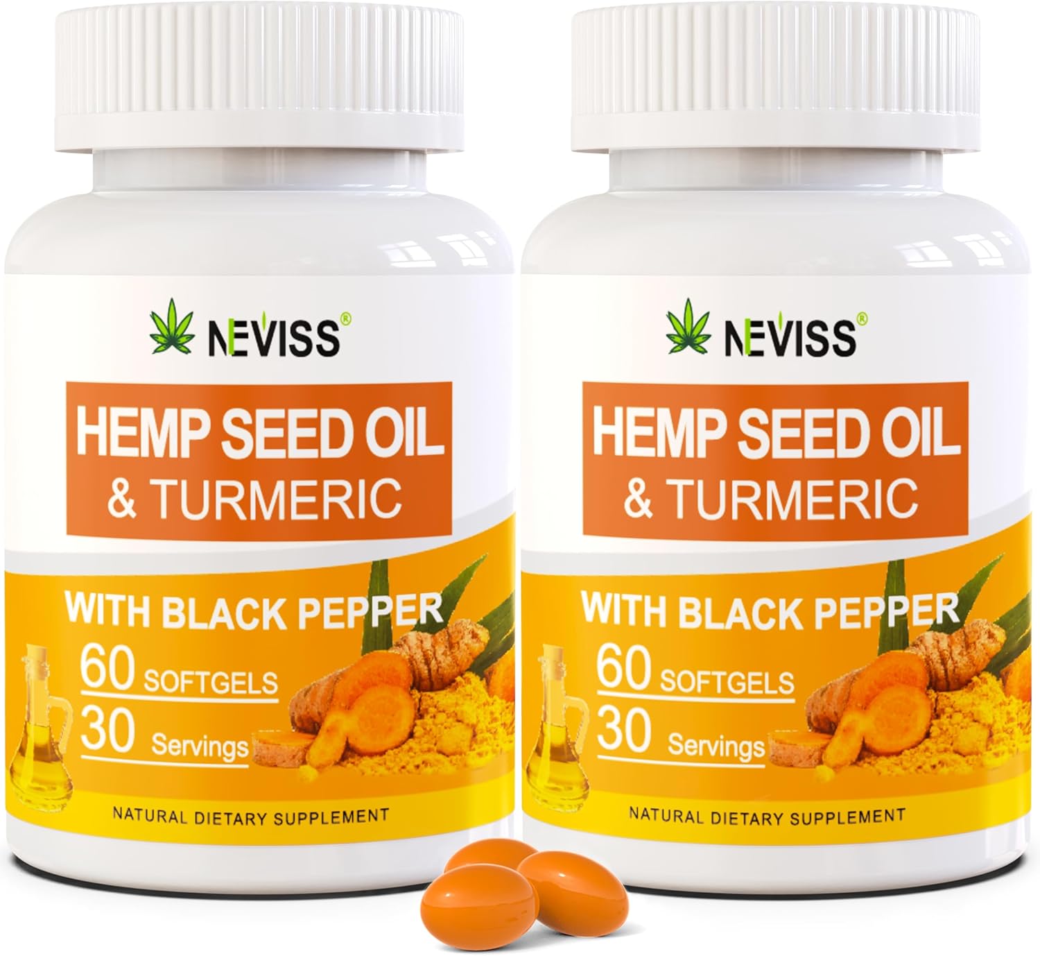2 Pack Hēmp Oil Capsules with Turmeric - Organic Hēmp Seed Oil Pills with Turmeric Curcumin, Black Pepper - Vegan Omega 3 & 6 Supplement - Extra Strength & Absorption - 120 Softgels