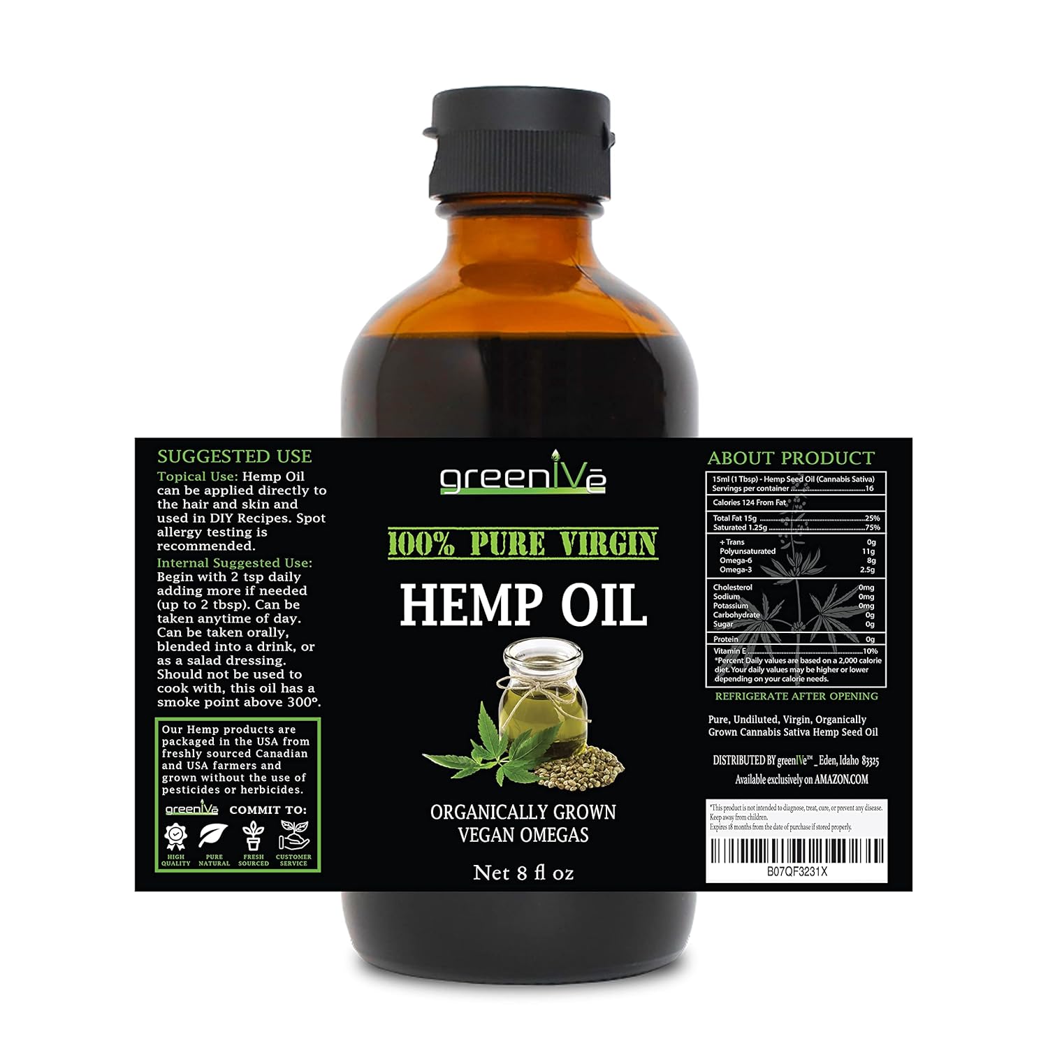 GreenIVe Hemp Oil, 8oz Glass Bottle (240mL), Natural Hemp Seed Oil, Cold-Pressed, Vegan, Non-GMO, Bottled in USA - Image 2