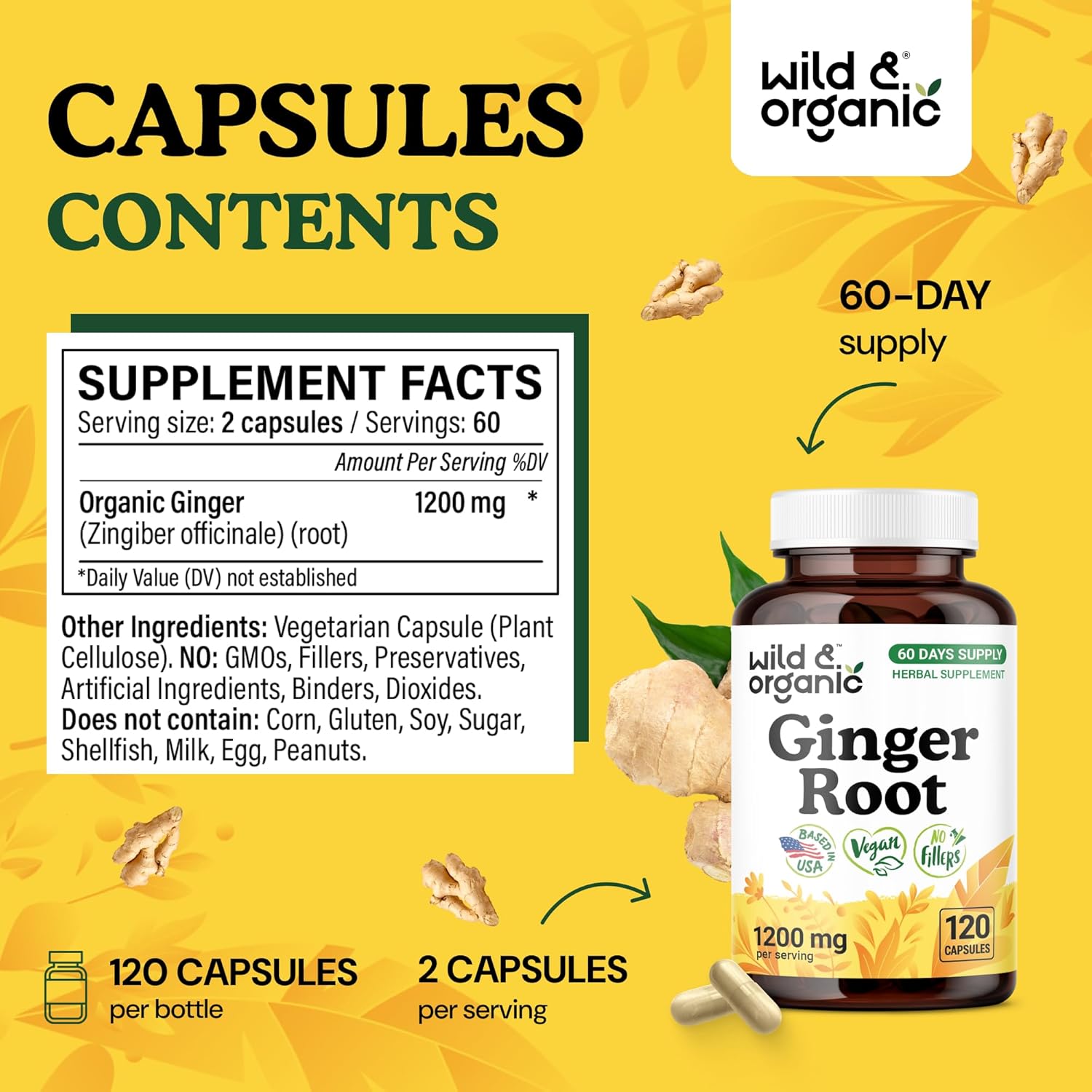 Wild & Organic Ginger Root Capsules 1200 mg - Immune & Digestive Support - Ginger Root Supplement - Zingiber Officinale Powder - 60 Days of Supply - Vegan, No Fillers, Non-GMO - 120 Count - Image 3