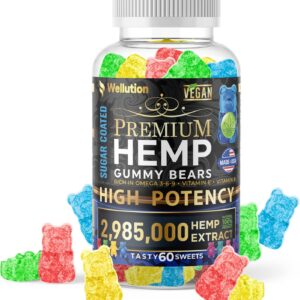 WELLUTION Sugar-Coated Hemp Gummies – High Potency 2,985,000 MCG – Natural Fruity Bears for Relaxation and Peace - Fast-Acting - 60ct