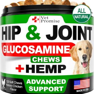 Vet Promise Hemp Hip and Joint Support Supplement for Dogs - Glucosamine for Dogs - Hemp Oil, MSM, Chondroitin - Support for Joint Pain Relief and Health - 120 Soft Chews - Made in USA