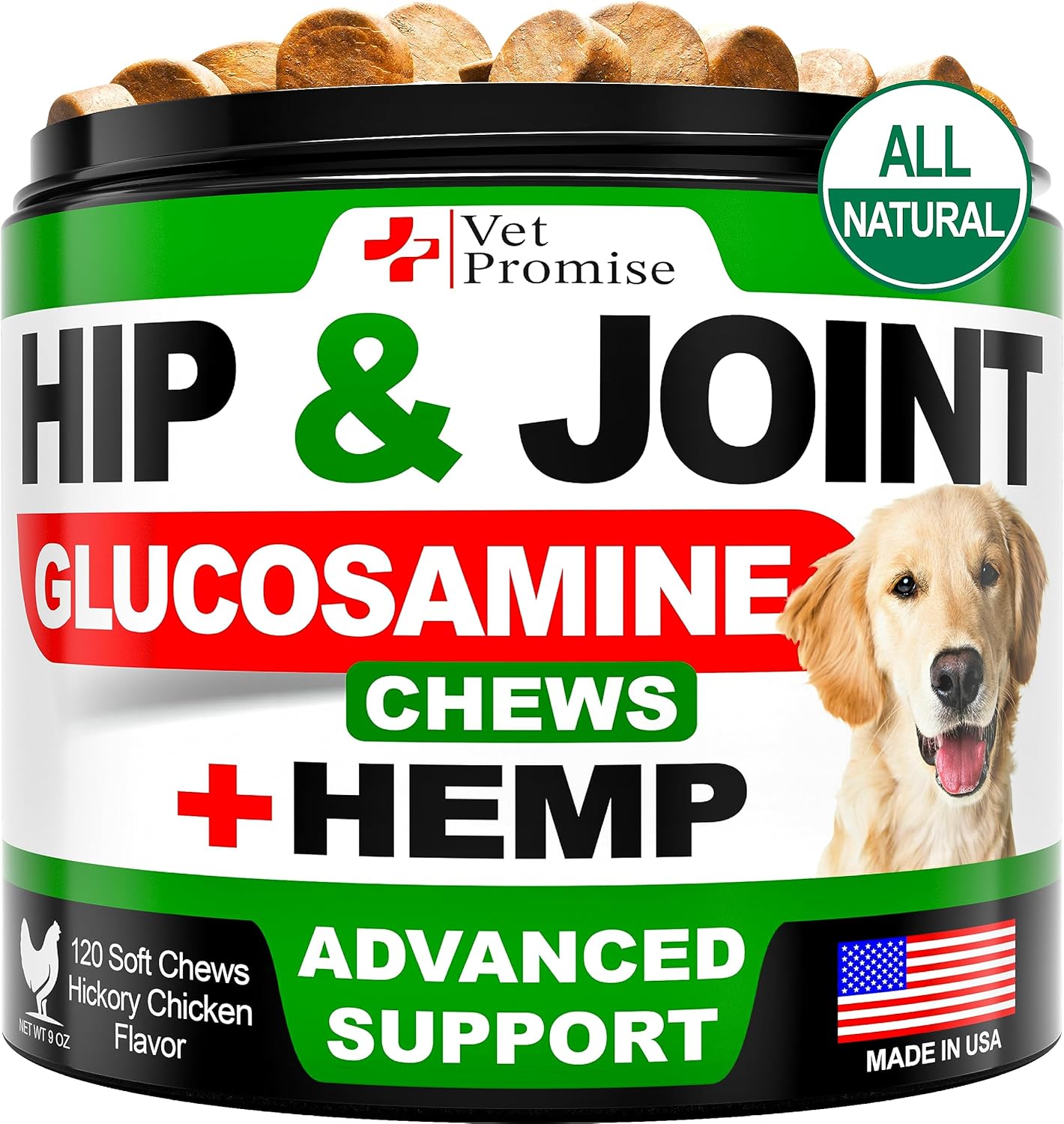 Vet Promise Hemp Hip and Joint Support Supplement for Dogs - Glucosamine for Dogs - Hemp Oil, MSM, Chondroitin - Support for Joint Pain Relief and Health - 120 Soft Chews - Made in USA