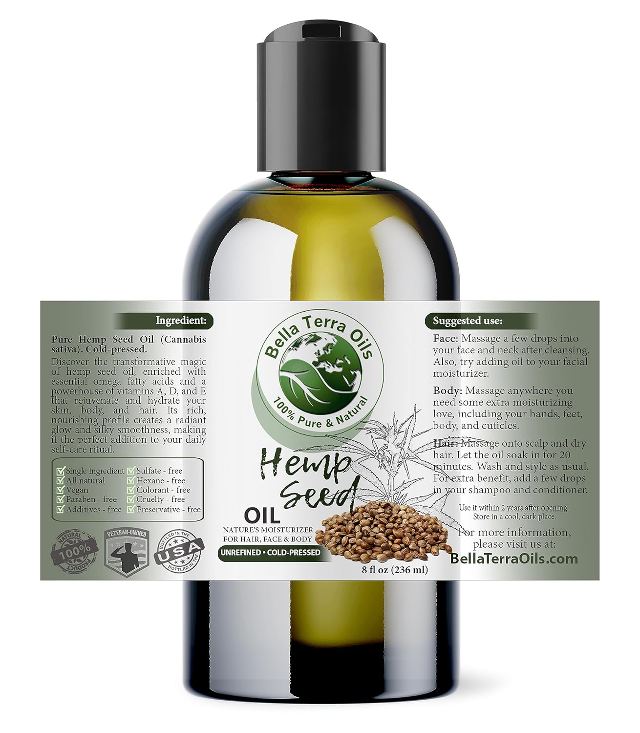 Bella Terra Oils - Hemp Seed Oil 8 oz - Cold-Pressed & Nutrient-Rich, Infused with Phytosterols, Potassium & Calcium for Skin & Hair Care - Image 2