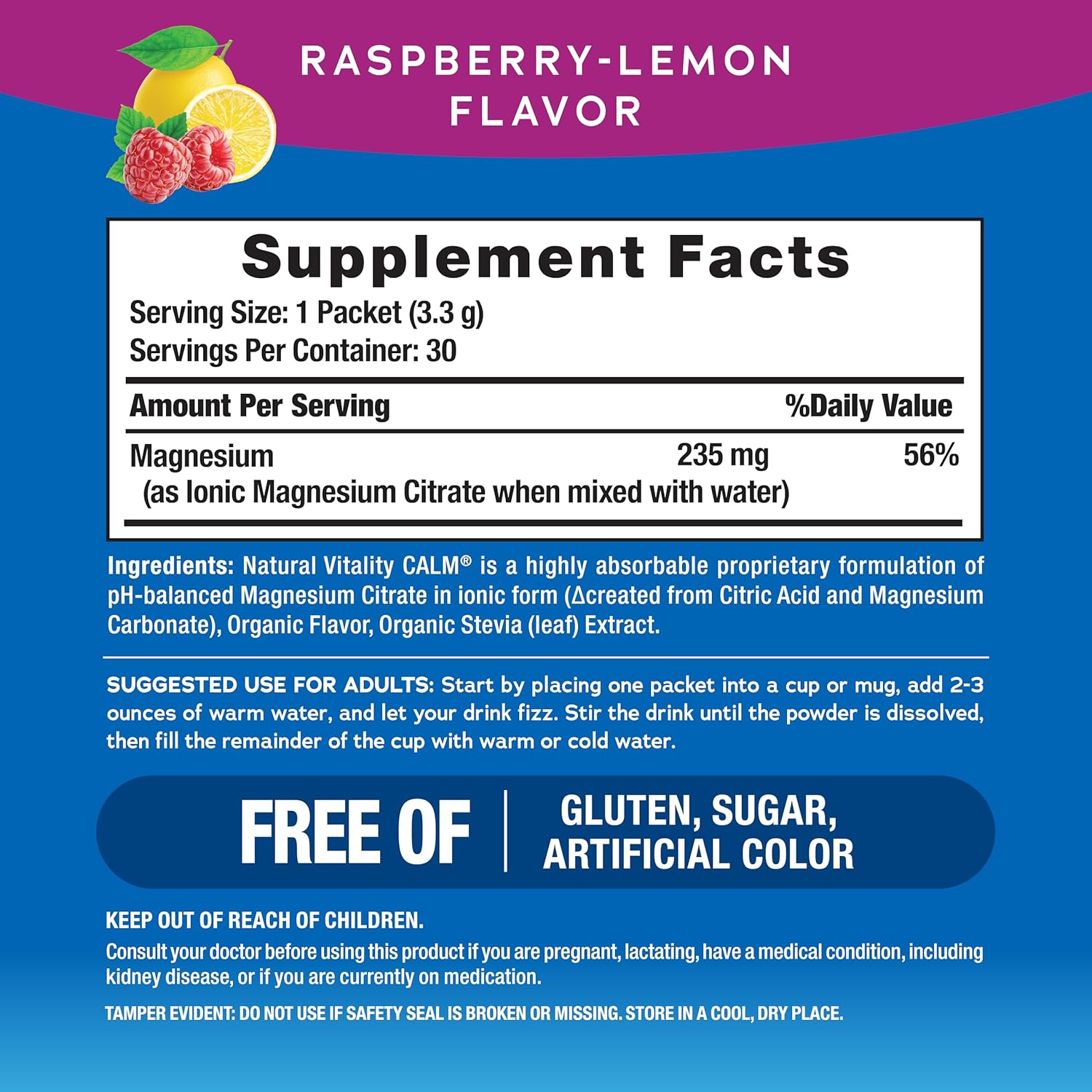 Natural Vitality Calm, Magnesium Citrate Supplement, Anti-Stress Drink Mix Powder - Gluten Free, Vegan, & Non-GMO, Raspberry Lemon, 0.12 oz, 30 Packets - Image 2