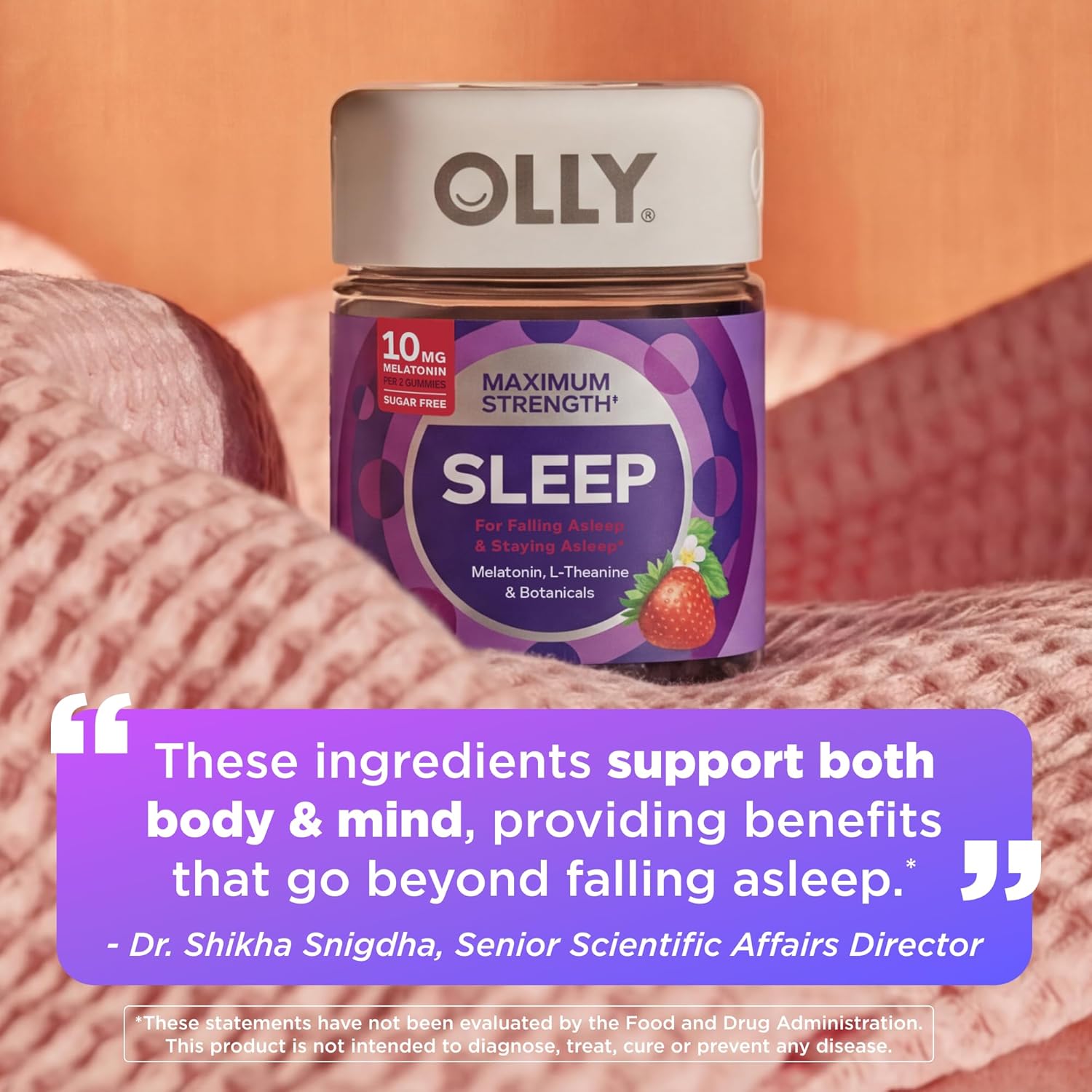 OLLY Max Strength Sleep Gummy, 10mg Melatonin, L-Theanine, Chamomile, Lemon Balm, Sugar Free, Vegetarian Sleep Aid, Strawberry - 50 Count - Image 4