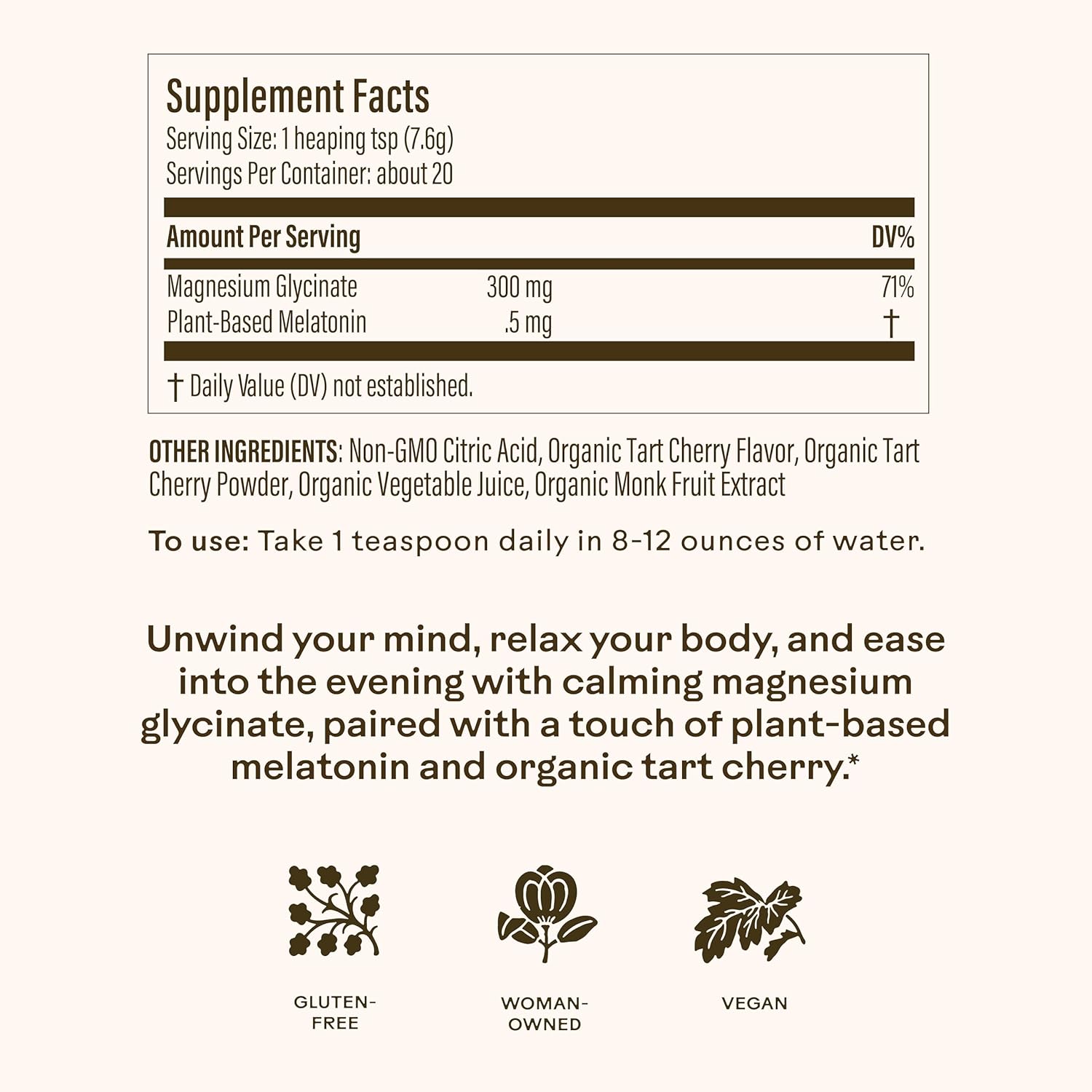 Wooden Spoon Herbs Magic Magnesium Glycinate Powder Drink Mix (Tart Cherry) | 300mg Magnesium, 0.5mg Plant-Based Melatonin | Calming Nighttime Supplement | Easy Mix Sleep Support Powder, Vegan | 3.7oz - Image 2