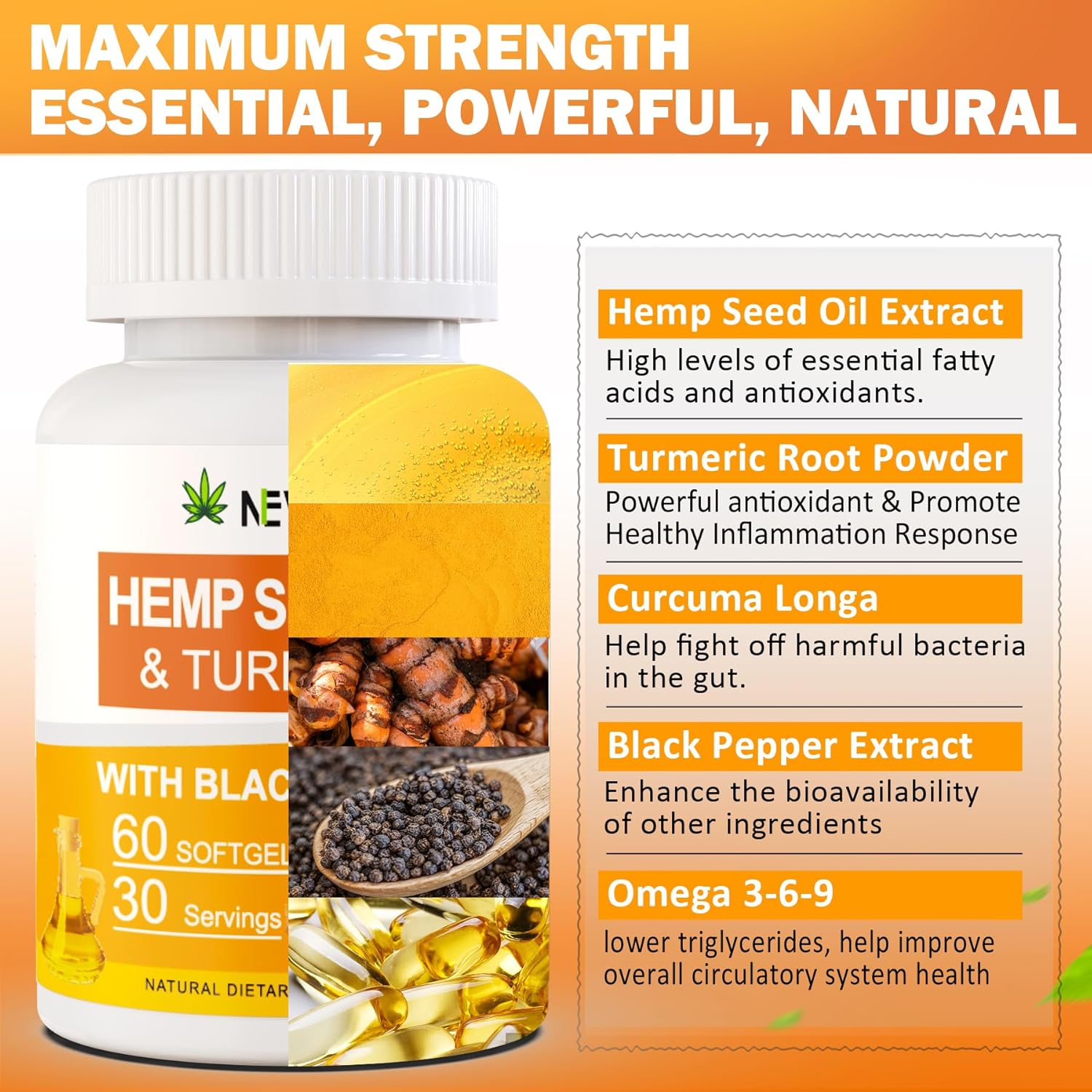 2 Pack Hēmp Oil Capsules with Turmeric - Organic Hēmp Seed Oil Pills with Turmeric Curcumin, Black Pepper - Vegan Omega 3 & 6 Supplement - Extra Strength & Absorption - 120 Softgels - Image 3