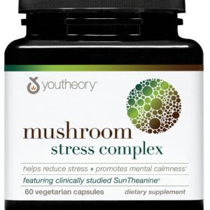 Youtheory Mushroom Stress Complex, Organic Full-Spectrum Mushrrom with L-Theanine, Help Reduce Stress and Promotes Mental Calmness, 60 Vegetarian Capsules