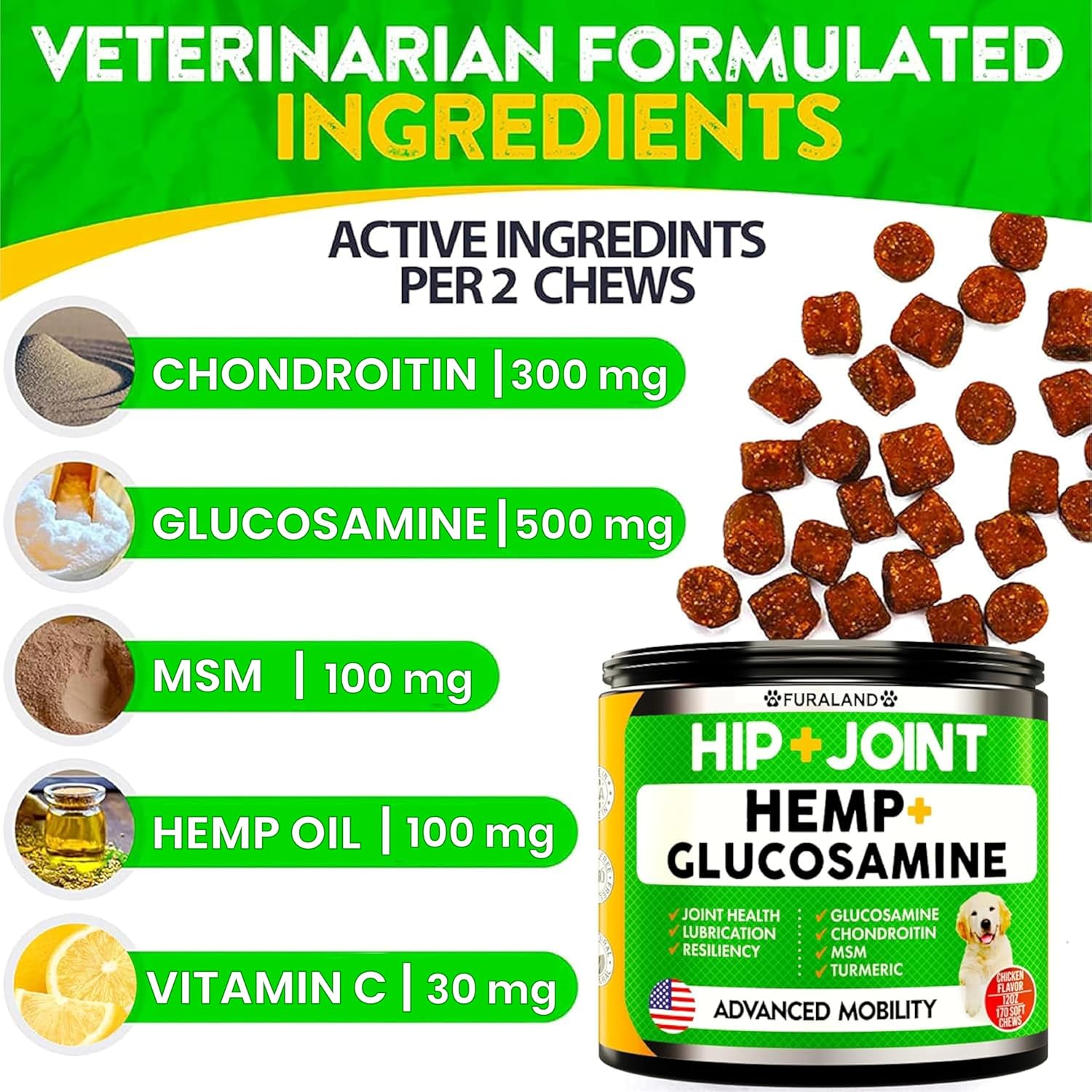 Hemp Hip and Joint Supplement for Dogs - Glucosamine for Dogs - 170 Dog Joint Pain Relief Treats - Chondroitin, Hemp Oil, MSM - Mobility & Flexibility Support - Advanced Care Health - Made in USA - Image 3