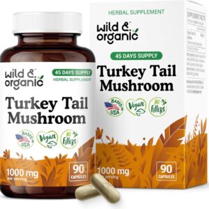 Wild & Organic Turkey Tail Mushroom Capsules 1000 mg - Immune Support - Turkey Tail Extract Supplement - Coriolus Versicolor Mycelium Powder - Vegan, No Fillers, Non-GMO - 90 Count