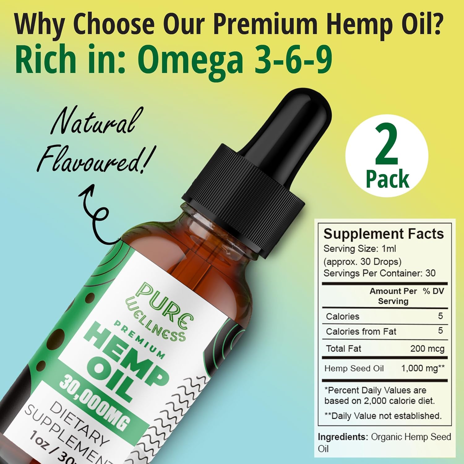 Pure Wellness Hemp Seed Oil Drops, Omega 3 6 9 Fatty Acids, Organic, Non-GMO, Vegan (Natural Hemp, 4-Pack) - Image 3