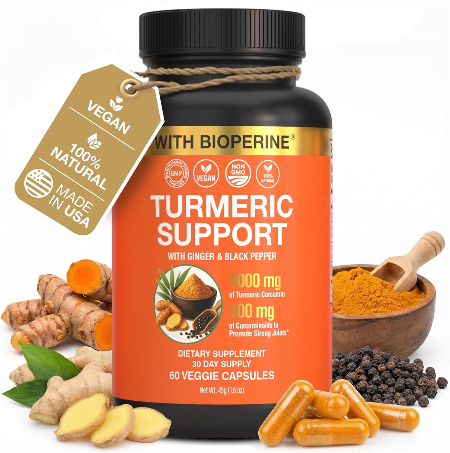Sleeve Stars Turmeric Curcumin Supplement with Ginger & Black Pepper Bioperine, Joint Supplements for Men & Women, Joint Support & Inflammation Relief, Non-GMO Gluten-Free & Vegan, 1000mg 60 Cap