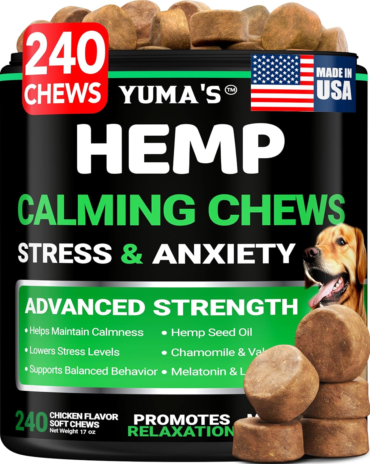 Hemp Calming Chews for Dogs - 240 Treats - Advanced Dog Calming Chews - Anxiety Relief Supplement Treats with Melatonin - Sleep Aid for Separation, Barking, Stress, Hip and Joint Support Made in USA