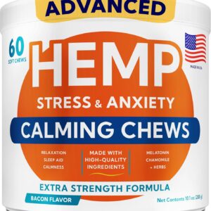 Advanced Calming Chews for Dogs - Hemp Treat + Melatonin + Valerian - Relaxing Bites - Calming Care - Stress Relief - Made in USA - Calm, Sleep Aid, Storms - 60Ct