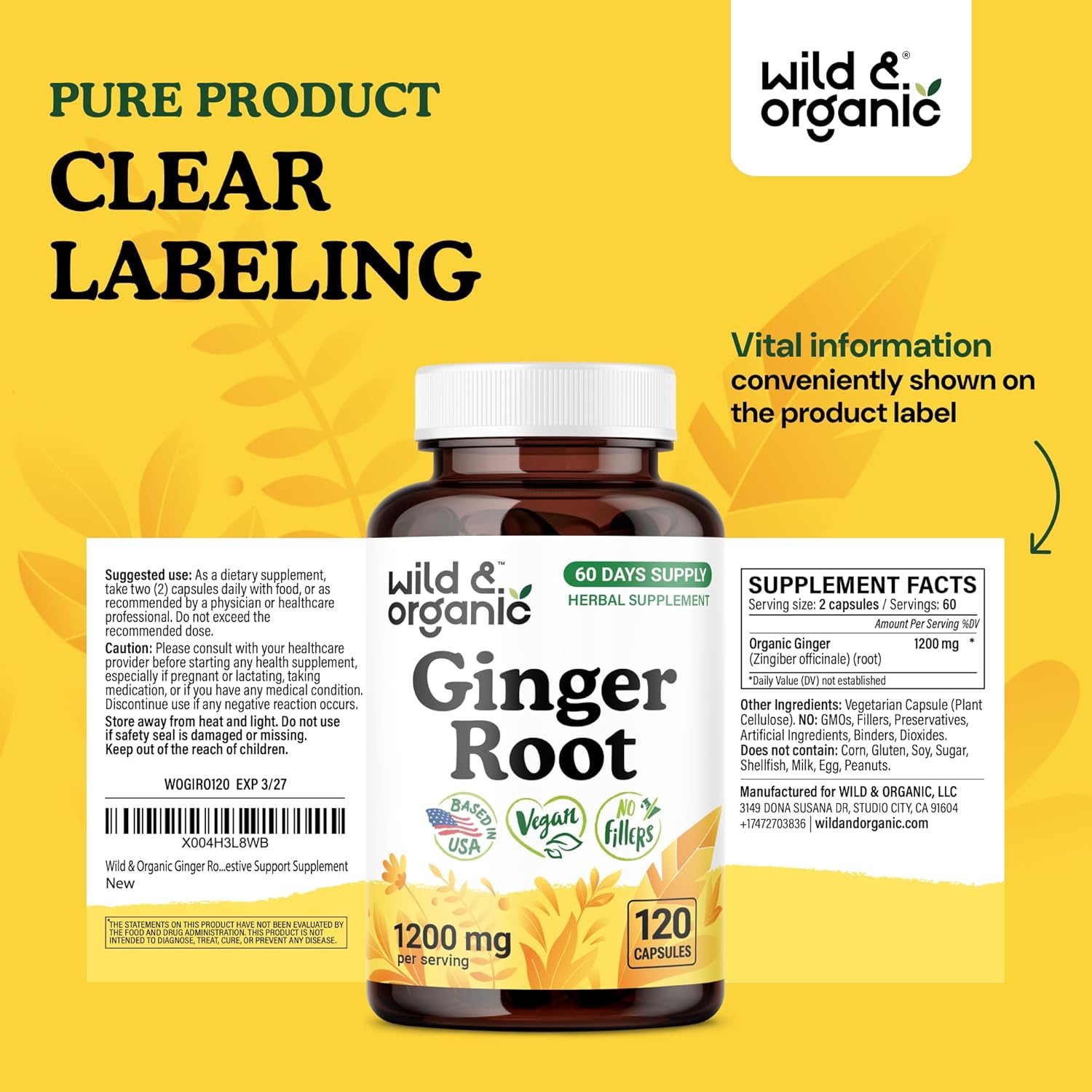 Wild & Organic Ginger Root Capsules 1200 mg - Immune & Digestive Support - Ginger Root Supplement - Zingiber Officinale Powder - 60 Days of Supply - Vegan, No Fillers, Non-GMO - 120 Count - Image 7