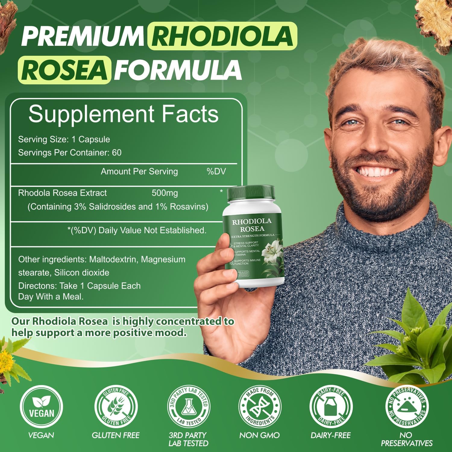 Rhodiola Rosea Supplement – Rhodiola Rosea Extract, Botanical Adaptogen Supplement for Brain, Energy & Daily Stress Support, Gluten-Free, Non-GMO, Vegetarian – 60 Capsules - Image 6