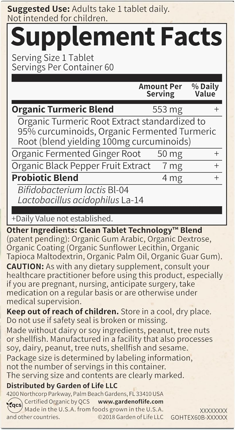 Garden of Life Organics Extra Strength Turmeric Inflammatory Response 60 Tablets-100mg Curcumin (95% Curcuminoids) Black Pepper, Probiotics, Organic Non-GMO Vegan Gluten Free Herbal Supplement - Image 10