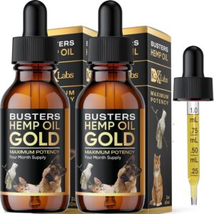 Buster's Gold Organic Hemp Oil for Dogs and Cats, 2 Large 60ml Bottles 4 Month Supply, Made in USA - Miracle Formula, Perfectly Balanced Omega 3, 6, 9 - Joint Relief, Calming (2-Pack)