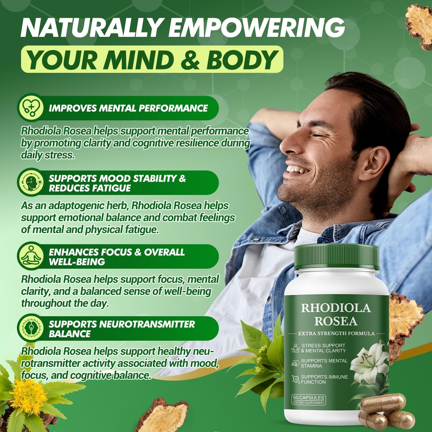 Rhodiola Rosea Supplement – Rhodiola Rosea Extract, Botanical Adaptogen Supplement for Brain, Energy & Daily Stress Support, Gluten-Free, Non-GMO, Vegetarian – 60 Capsules - Image 3