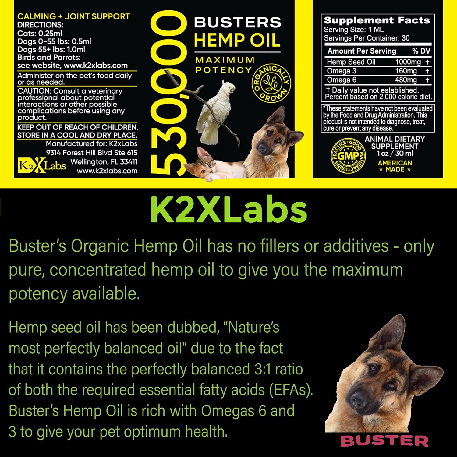 Busters Organic Hemp Oil 530,000 2pack 2month Supply for Dogs and Cats Made in USA Omega Rich 3 6 and 9 Hip & Joint Health Natural Soothing Relief - Image 3