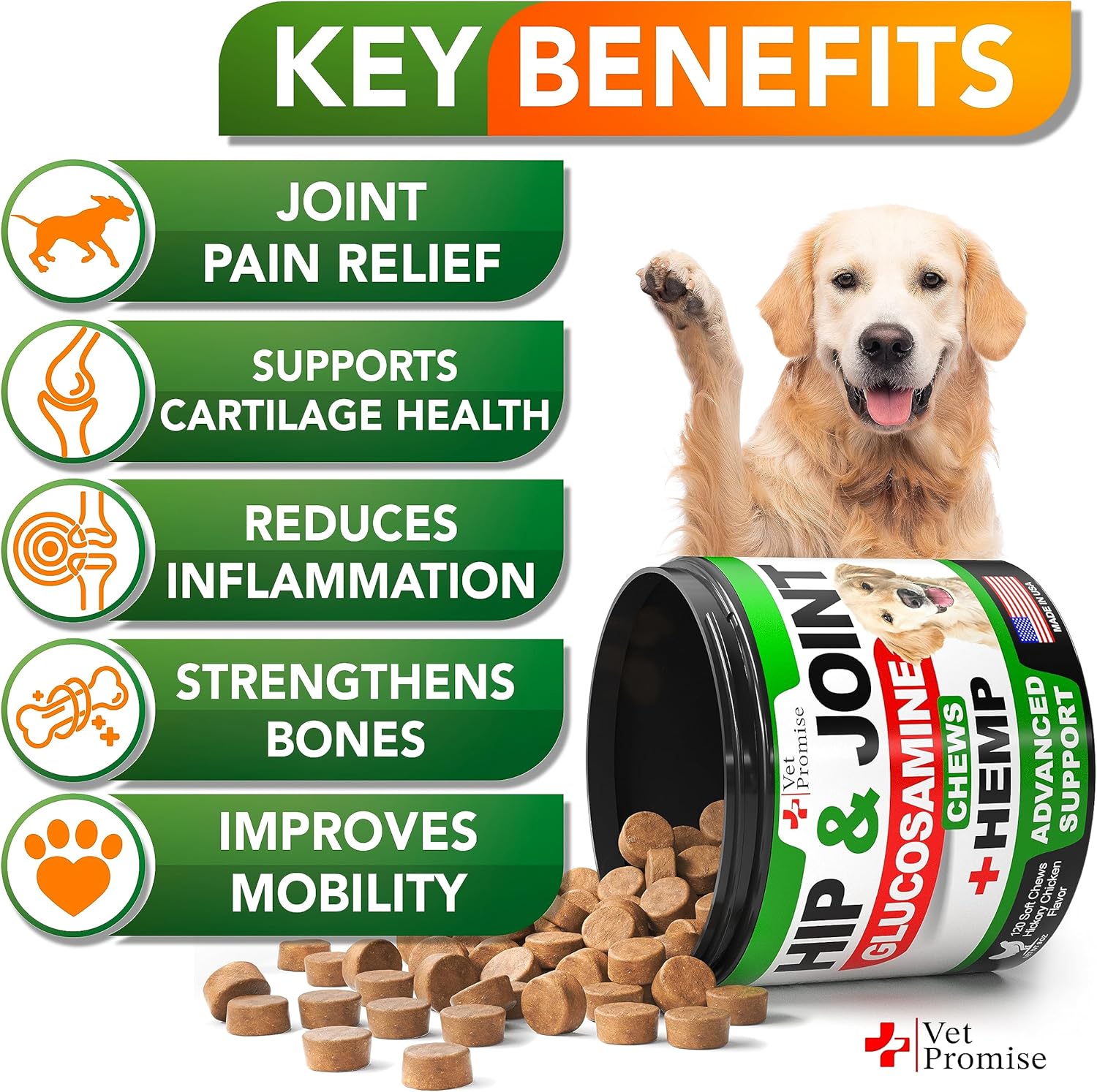 Vet Promise Hemp Hip and Joint Support Supplement for Dogs - Glucosamine for Dogs - Hemp Oil, MSM, Chondroitin - Support for Joint Pain Relief and Health - 120 Soft Chews - Made in USA - Image 2
