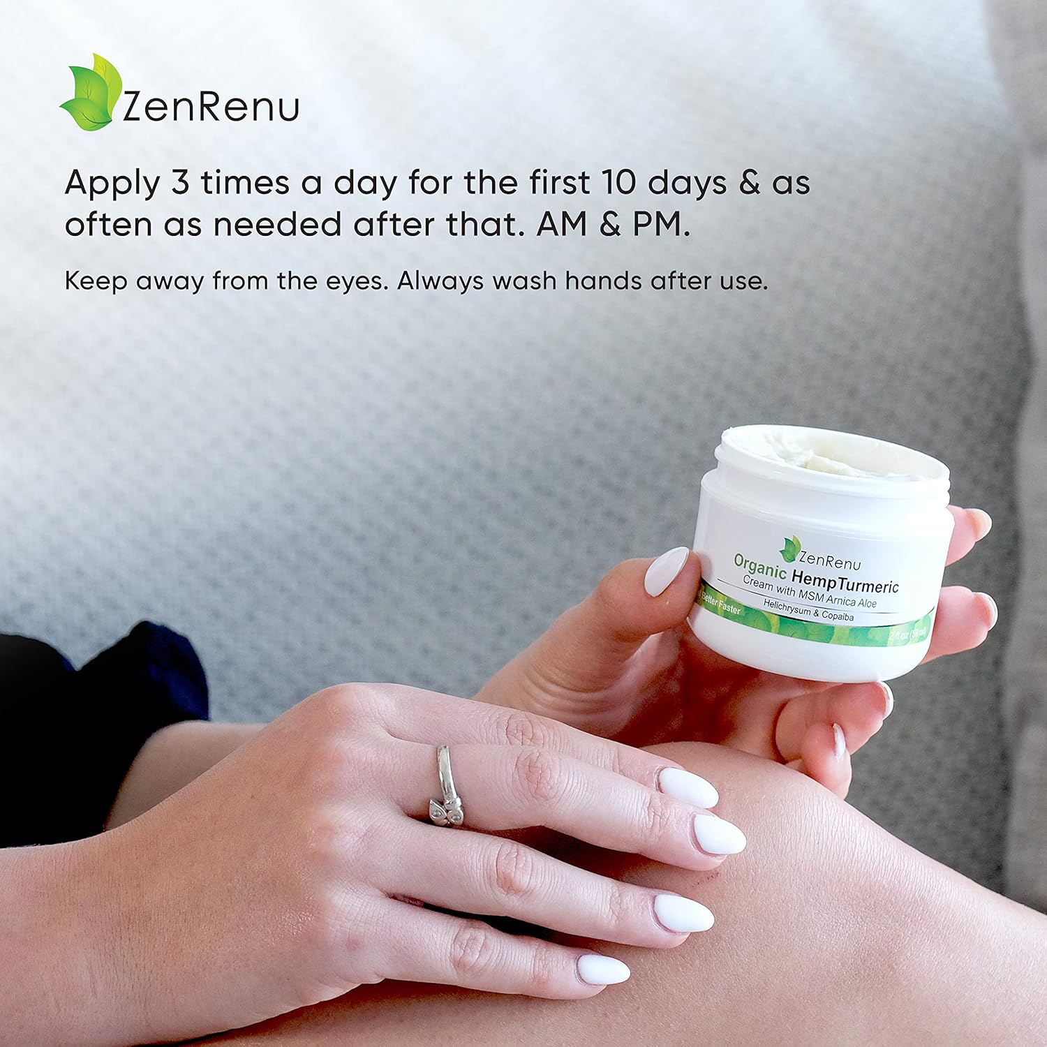 Zenrenu Hemp Joint & Muscle Relief Cream with Turmeric, Arnica, MSM, Hemp Oil & 7 Essential Oils - Non-Greasy & Soothing Formula for Back, Neck, Elbows, Knees, & Hip - ZenRenu, 2 oz - Image 6