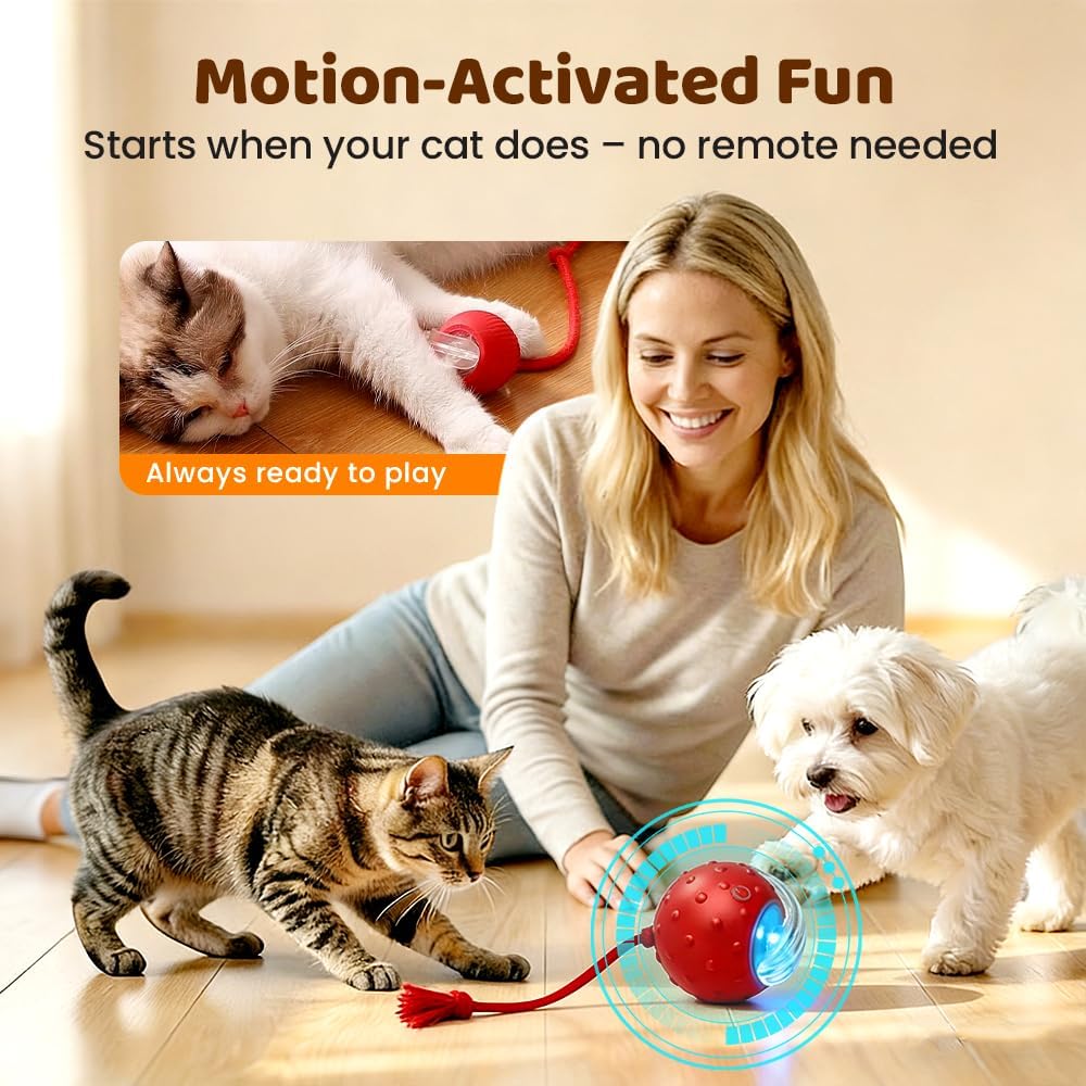 Interactive Cat Toy Ball for Indoor Cats, Strong Driver Fast Rolling on Carpet, Chirping & Motion Activated Automatic Cat Toy (Red) - Image 5