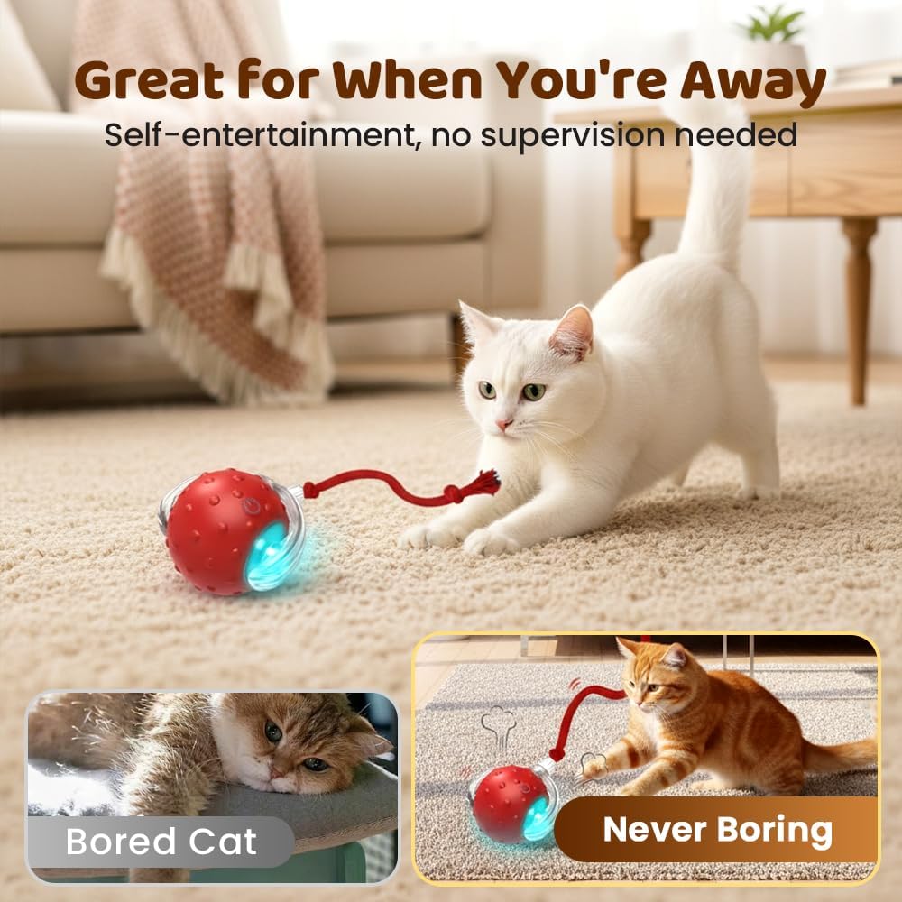 Interactive Cat Toy Ball for Indoor Cats, Strong Driver Fast Rolling on Carpet, Chirping & Motion Activated Automatic Cat Toy (Red) - Image 6
