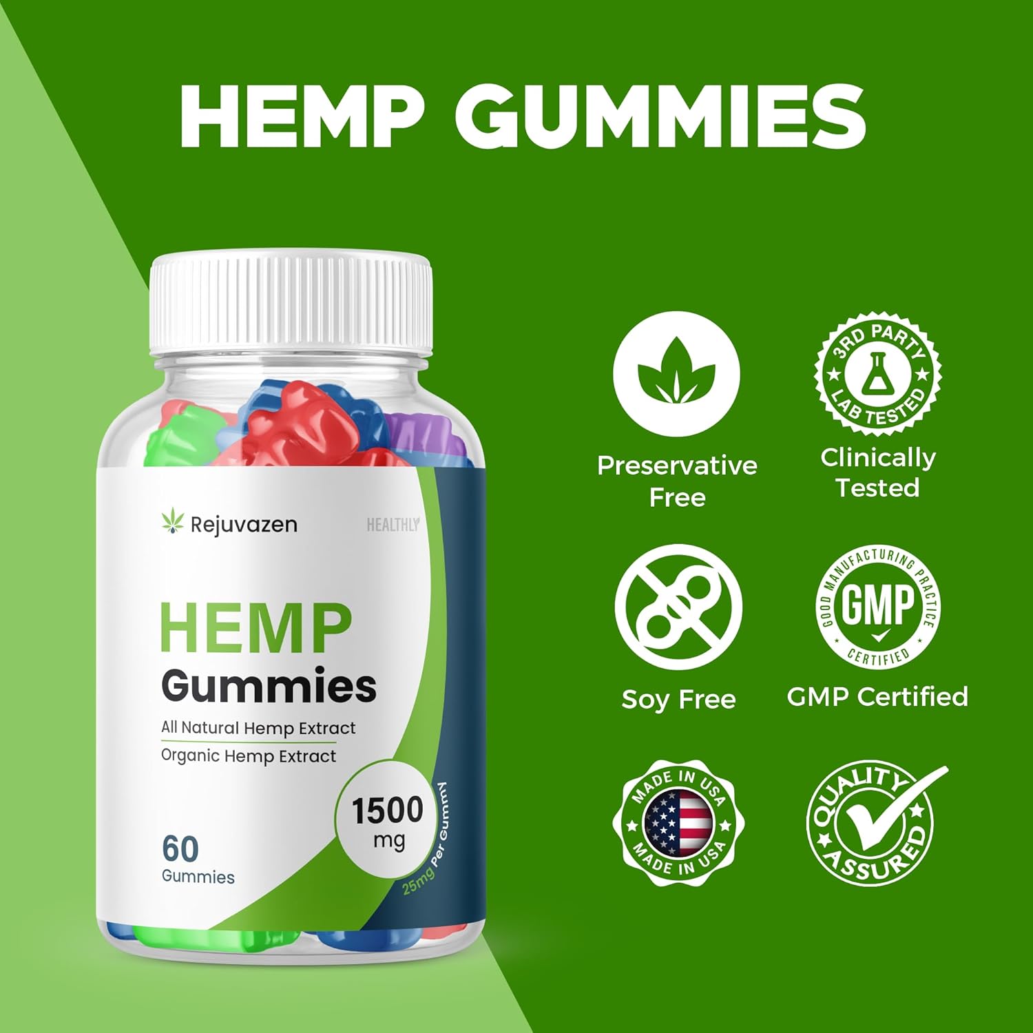 (2 Pack) Rejuvazen Gummies - Official Formula - Rejuvazen Hemp Gummies Blood Pressure Sugar Formula 300mg, Rejuvazen Gummies High Potency Blend Big Size Gummies 25mg Per Gummy 1500mg (120 Gummies) - Image 3