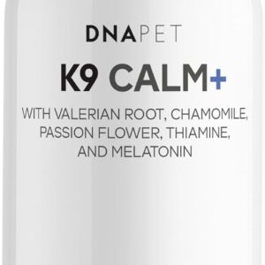 DNA PET K9 Calm+ Liquid Supplement for Dogs – Botanical Blend with Valerian Root, Chamomile, Passion Flower & Hemp Seed Oil – Thiamine & Melatonin - Bacon & Peanut Butter Flavor – 8 fl oz