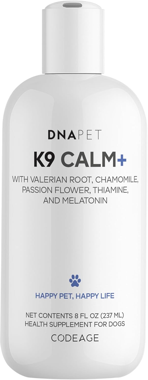 DNA PET K9 Calm+ Liquid Supplement for Dogs – Botanical Blend with Valerian Root, Chamomile, Passion Flower & Hemp Seed Oil – Thiamine & Melatonin - Bacon & Peanut Butter Flavor – 8 fl oz