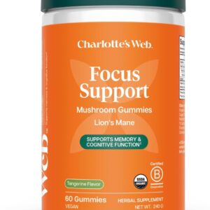 Charlotte's Web Focus Support Mushroom Gummies for Focus and Energy w/Lion’s Mane, Natural Cognitive Support Lions Mane Gummies for Adults — Tangerine Flavor (30 Servings)