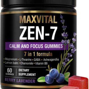 Zen-7 Calm & Focus Gummies for Adults - Sugar Free Daily Calm & Mental Clarity Support - L-Theanine, GABA, Ashwagandha, Magnesium, Lemon Balm & B6 - Berry Lavender - 60 Vegan Gummies