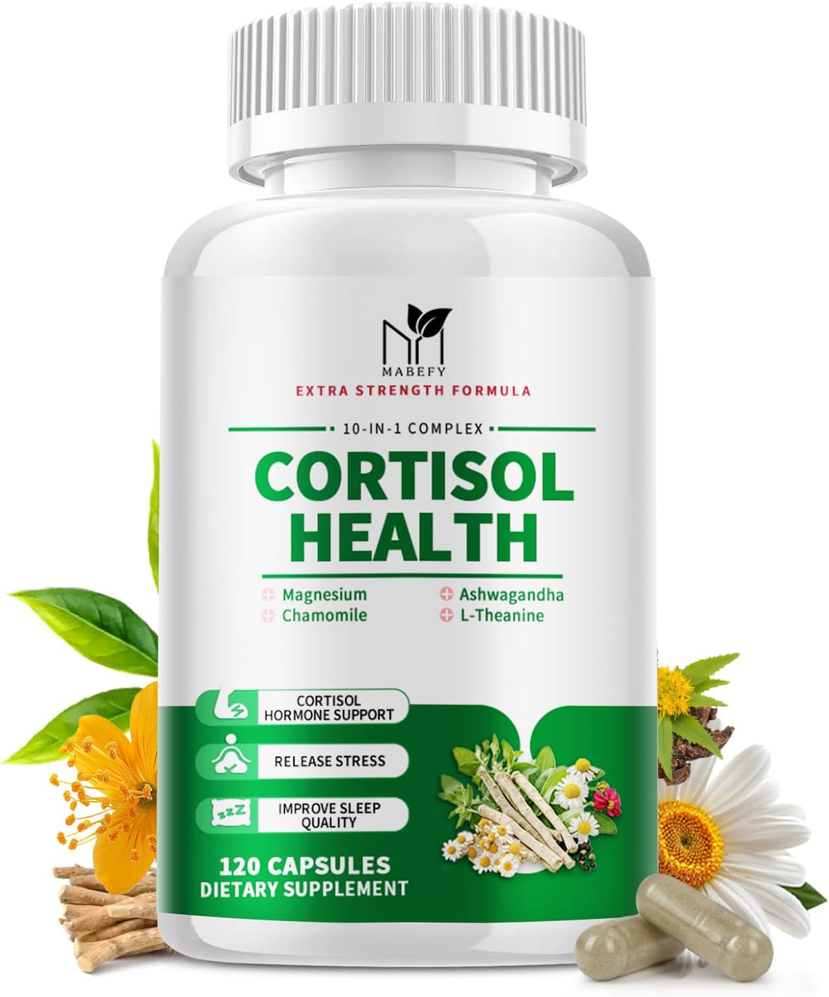 MABEFY Cortisol Supplements for Women/Men - 10 in 1 Cortisol Manager Reducer Lower Detox Balance with Magnesium, Ashwagandha, L-Theanine for Stress Sleep Calm Mood Support - 120 Capsules for 60 Days