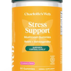 Charlotte's Web Stress Support Mushroom Gummies w/Reishi, Ashwagandha, Rhodiola Rosea Supplement — Natural Supplement — Strawberry-Flavored Ashwagandha Gummies (30 Servings)